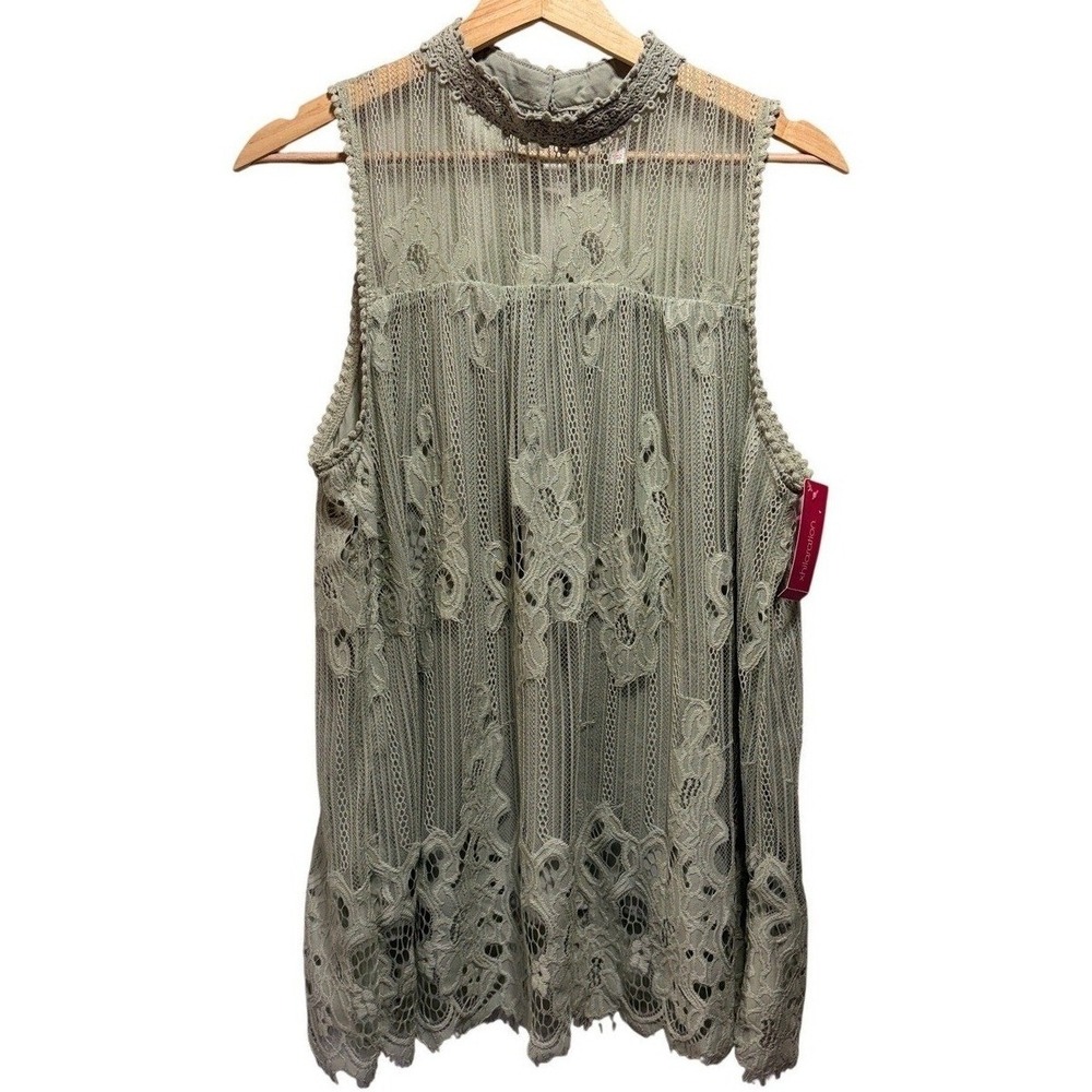 NWT Womens Open Crochet Lace Overlay Sleeveless Blouse M Sage Green Sheer Fairy